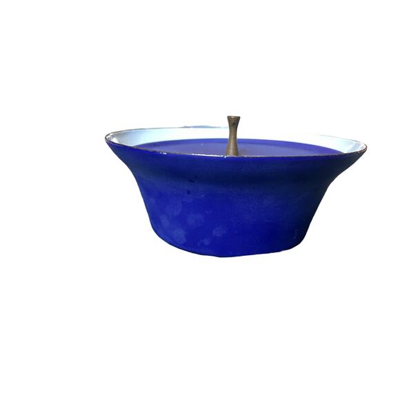 10" MCM Matte Blue Casserole Dish/Cooking Pot with Gold Sputnik Handle - Picture 4 of 9